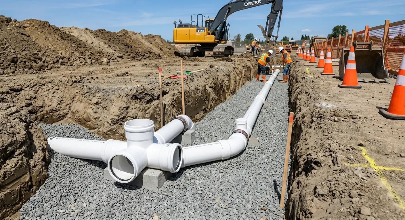New PVC sewer pipe installation in open trench for Grease Trap Cleaning in Tumwater